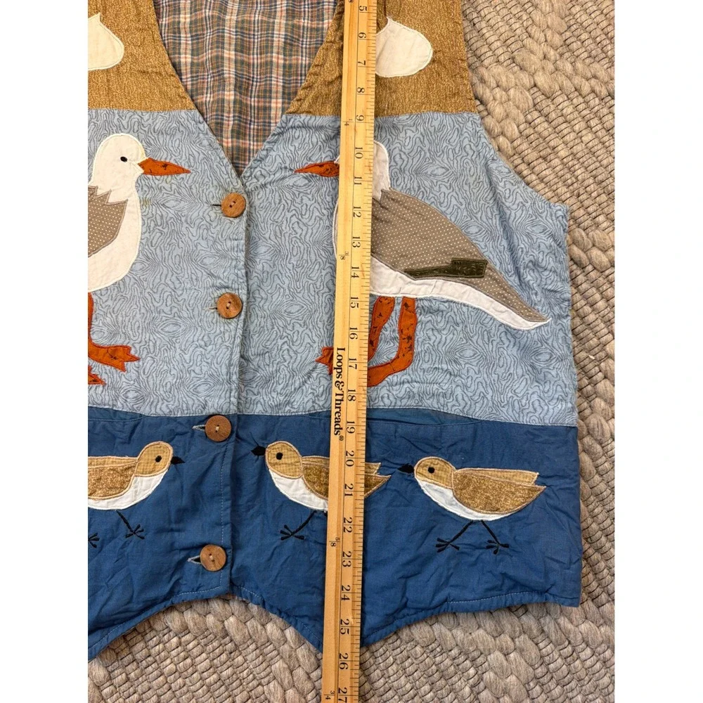 Quilted Applique Vest Women XL Blue Coastal Seagull Bird Artisan Novelty - Picture 5 of 7